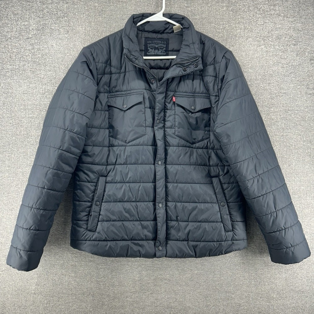 Levis Puffer Quilted Jacket Men Size Large Black Cordura Fabric Winter Pockets